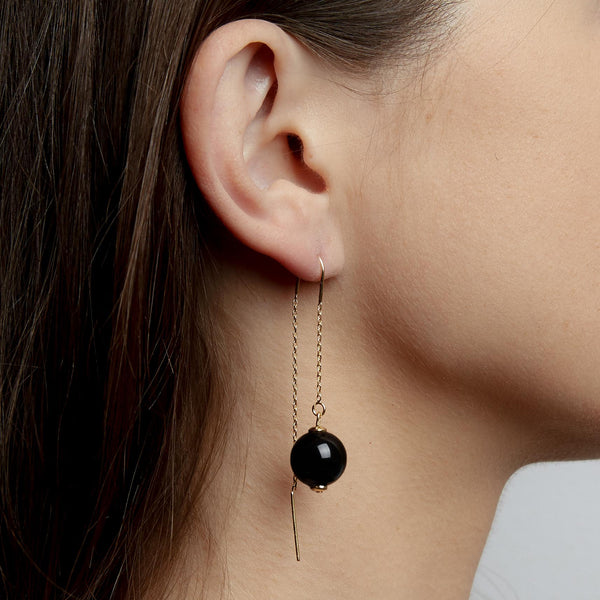 Chain Hook Black Onyx Earrings, 12mm