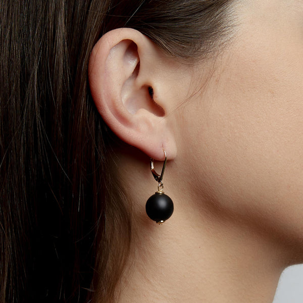 French Clasp Black Matte Onyx Earrings, 12mm