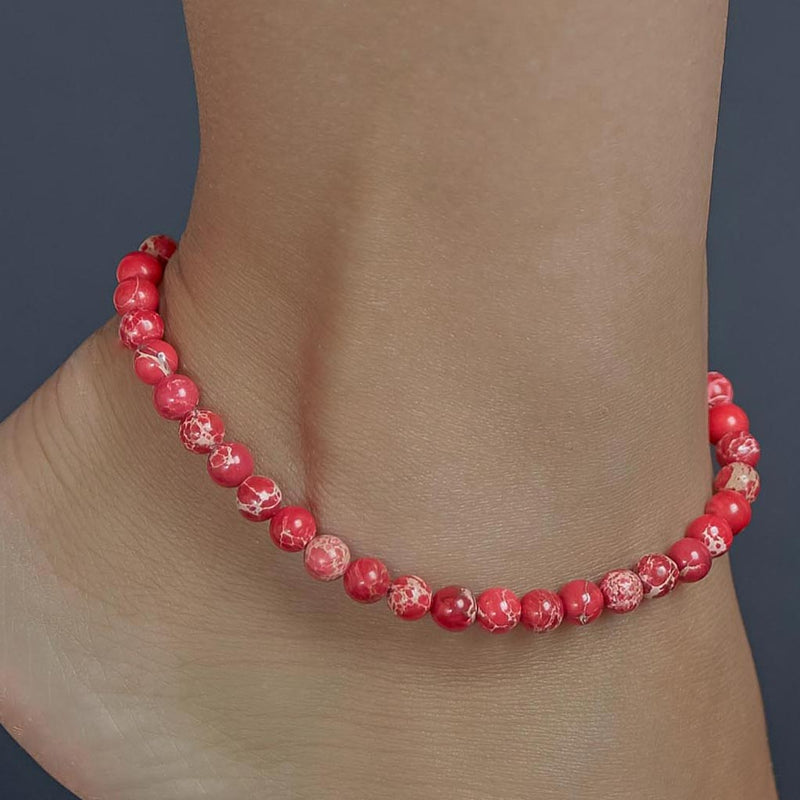 Red Imperial Jasper Anklet, chain clasp, 6mm, premium beads