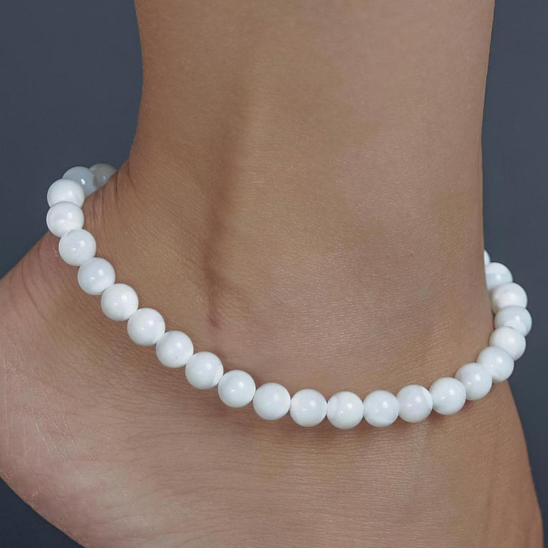 White Trochus Niloticus Shell Anklet, chain clasp, 8mm, premium beads