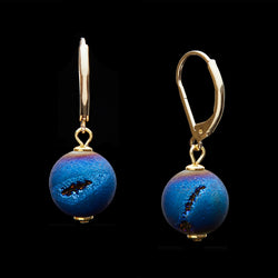 French Clasp Blue Druzy Quartz Earrings, 14mm