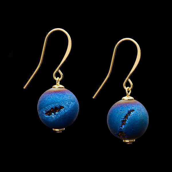 French Hook Blue Druzy Quartz Earrings, 14mm