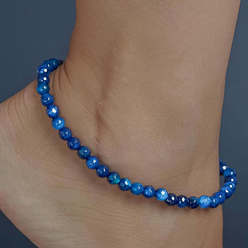 Blue Faceted Agate Anklet, chain clasp, 6mm, premium beads