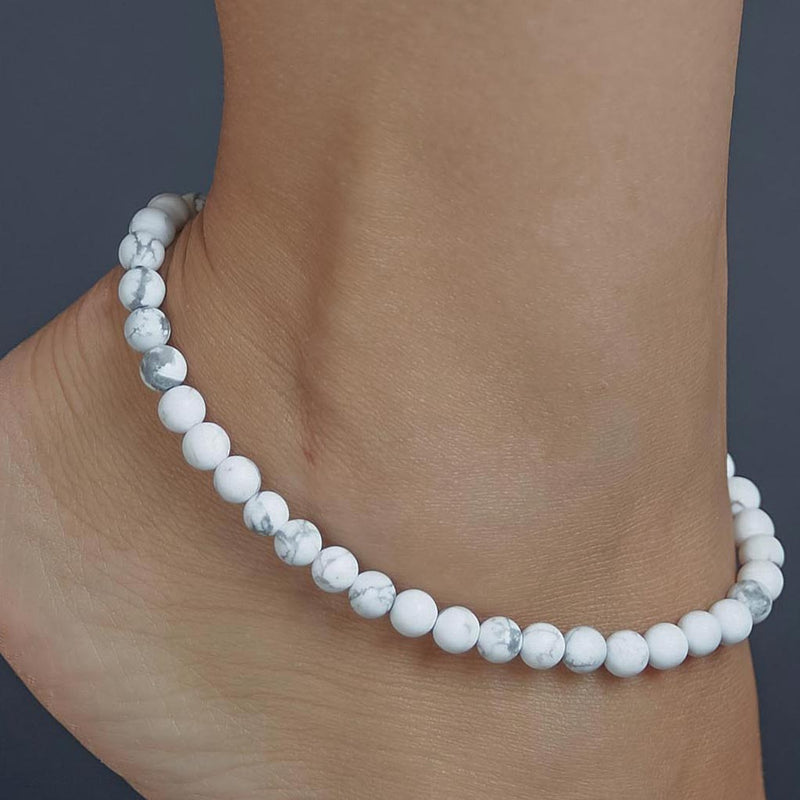 White Matte Howlite Anklet, chain clasp, 6mmm, premium beads
