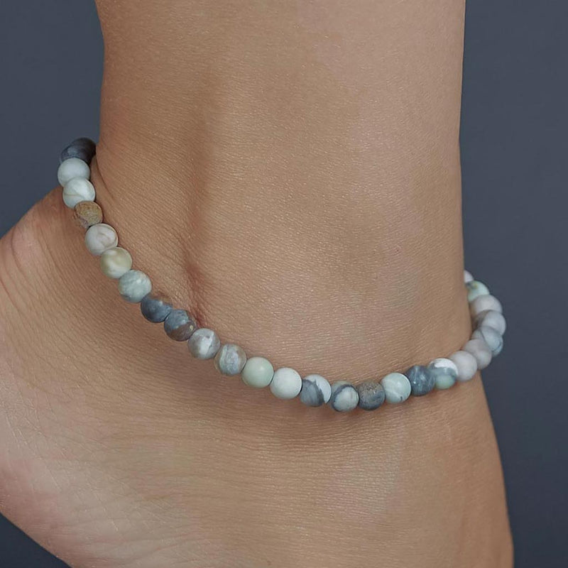 Grey Matte Picasso Jasper Anklet, chain clasp, 6mm, premium beads