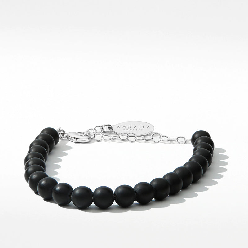 Bracelet onyx noir mat, fermoir chaîne, 6 mm
